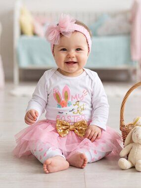 NWOT | "My 1st Easter" 4-Piece Baby Girl Outfit | Tutu, Bow & Leggings | 6-9M